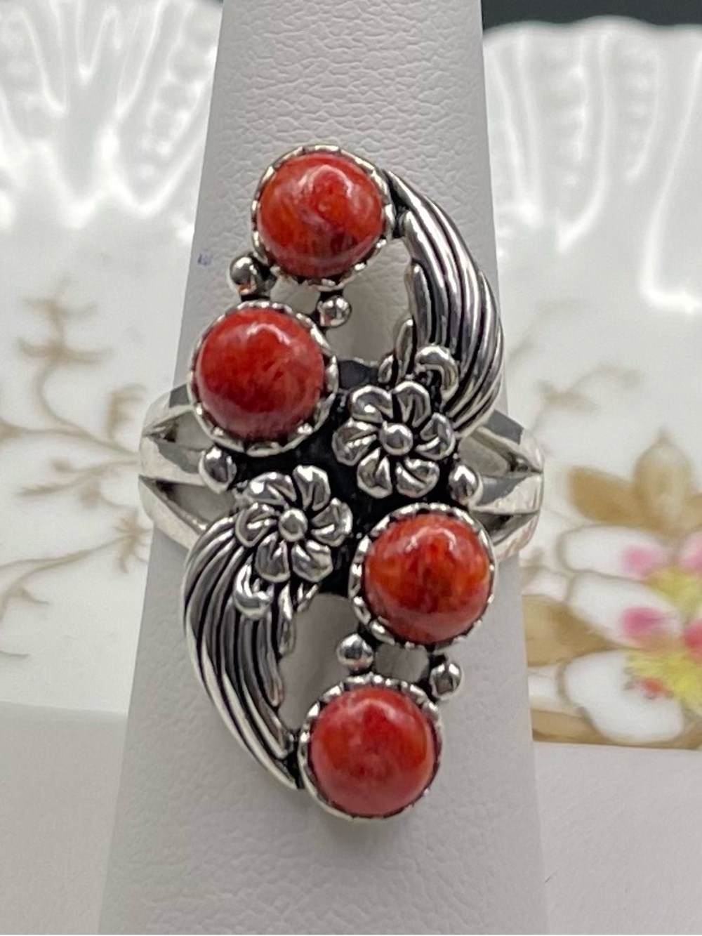 NWOT AHM  Southwest sterling silver .925 red coral flower ring size 7…  6.91g